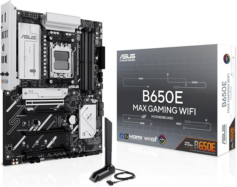 B650E MAX Gaming WiFi - Motherboard AMD B650 ATX, DDR5, PCIe 5.0, três ranhuras M.2, Wi-Fi 6E, Realtek 2.5Gb Ethernet, DisplayPort, HDMI, USB 10 Gbps Tipo-A e Tipo-C, BIOS Flashback, Aura Sync
