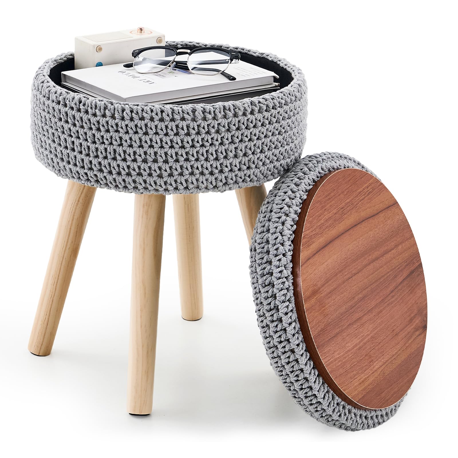 Photo 1 of LGENHOOM Round Foot Stool Ottoman with Storage Footrest with Wood Legs Cotton Knitted Vanity Stool Tray Top Coffee Table Multifunctional Upholstered Footstool for Living Room Bedroom Grey