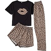 SweatyRocks Women's 3 Piece Plaid Pajama Letter Print Short Sleeve Tee and Shorts Pants Set