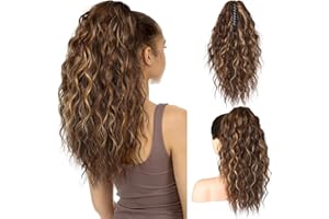 SEIKEA 18" Highlight Ponytail Extension, PT002 Tia Claw Long Multi Layered Fluffy Thick Wavy Curly Jaw Clip in Fake Pony Tails Fake Hair Soft Synthetic Hairpiece Chocolate Brown Blonde Highlights