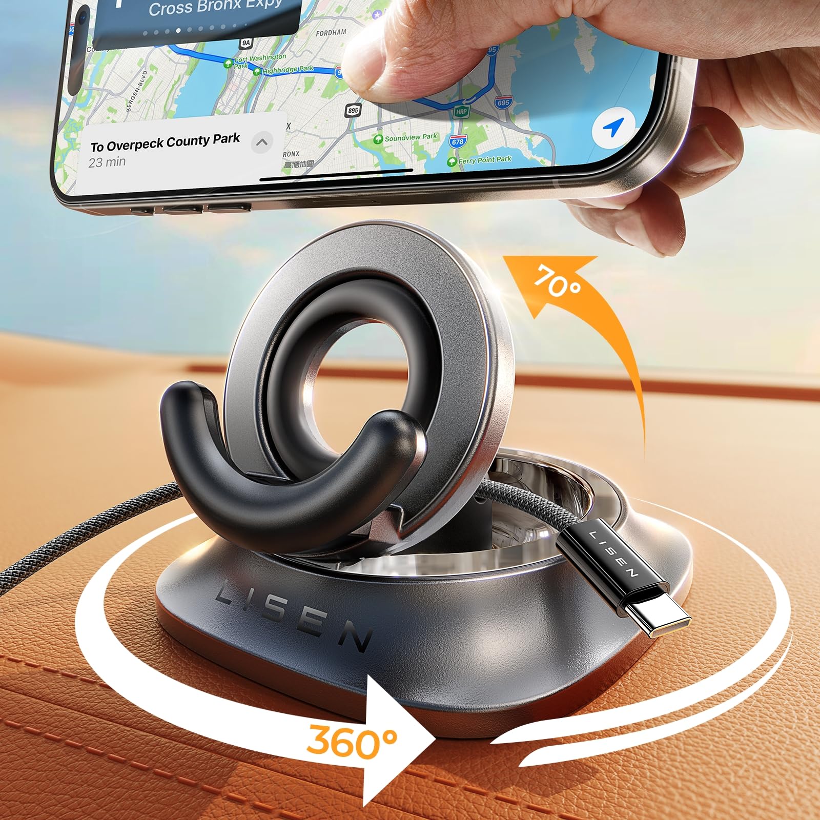 Photo 1 of LISEN Dashboard Cell Phone Holder for Car [360°+70°Rotate Base] Dash Phone Mount Holder for Car Phone Holder Mount Stand Non Slip Silicone for iPhone 16 Pro Samsung S25 Ultra S24 Android Smartphones
