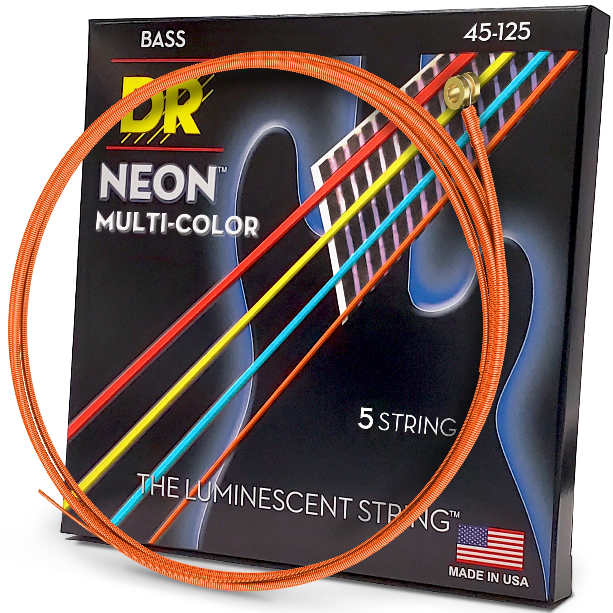 DR Strings HI-DEF NEON™ - MULTI-colour coloured Bass Strings: 5-String Medium 45-125