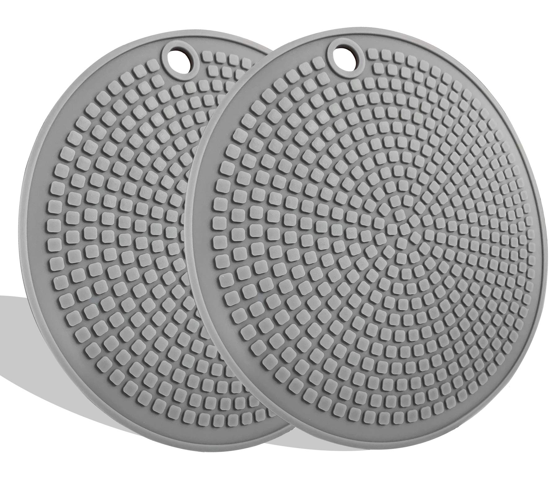 LogHog Round Silicone Trivets Set of 2, Nonslip Ultra Soft Pot Holder Oven Mitts, Hot Pads for Kitchen Countertop,Multi-Purpose,Flexible Mats Heat Resistant Up to 464°F(2X Granular Gray)