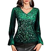 HomRain Womens Long Sleeve Sparkle Velvet Top Casual Shirts V Neck Glitter Night Out Tops for Elegant Evening