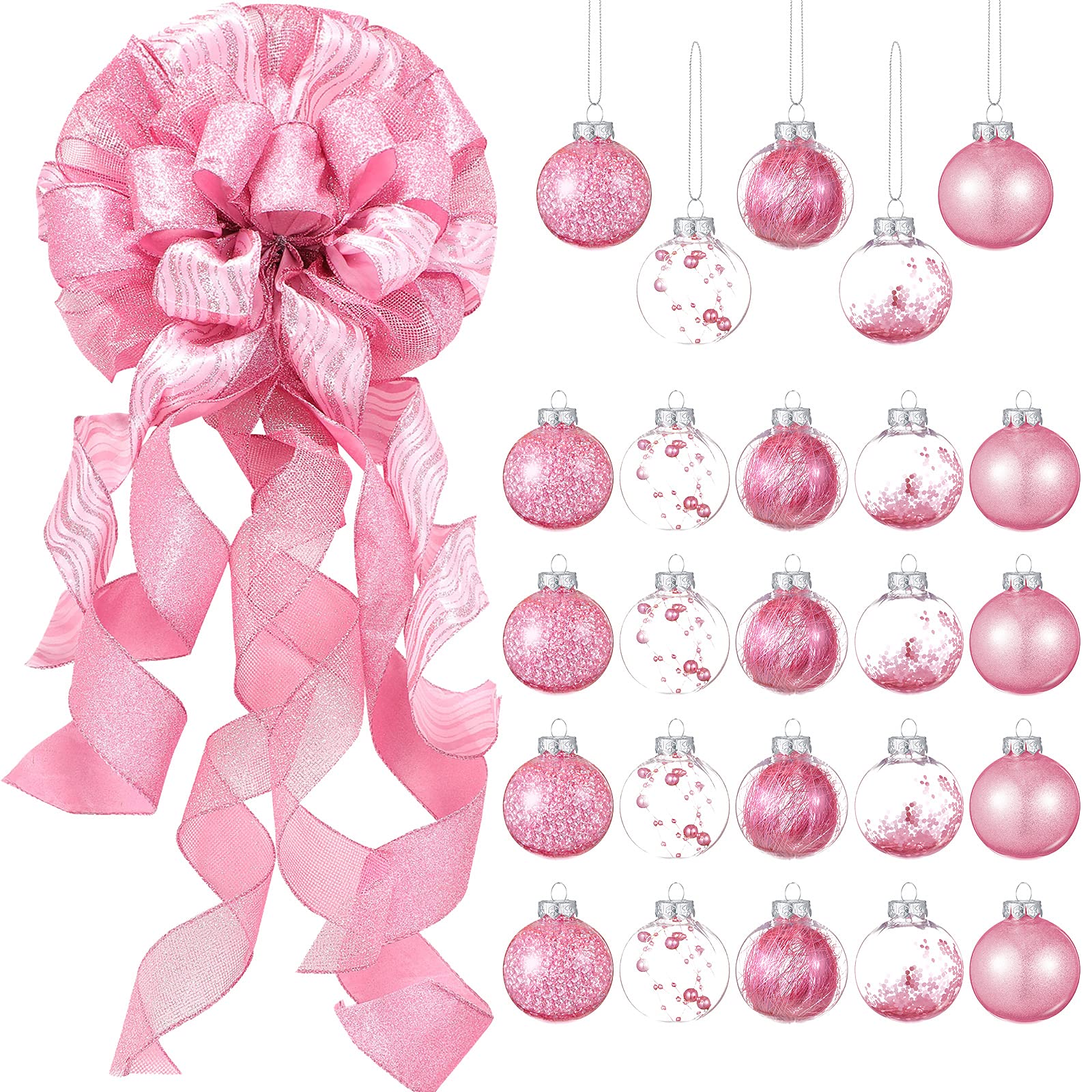 Syhood 25 Pieces Christmas Tree Topper Bow 12 x 34 Large Christmas Bow with Color Strips and 2.36 Inch Plastic Christmas Ball Ornaments for Christmas Tree Home Decoration(Pink)