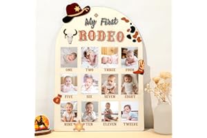 AFNIIMYAPT My First Year Picture Frame Rodeo Photo Board Cowboy Cowgirl Birthday Party Decorations 12 Monthly Baby Milestone Wooden Photo Frame 1st One Year Old Wood Sign for Baby Keepsake Gift Supply