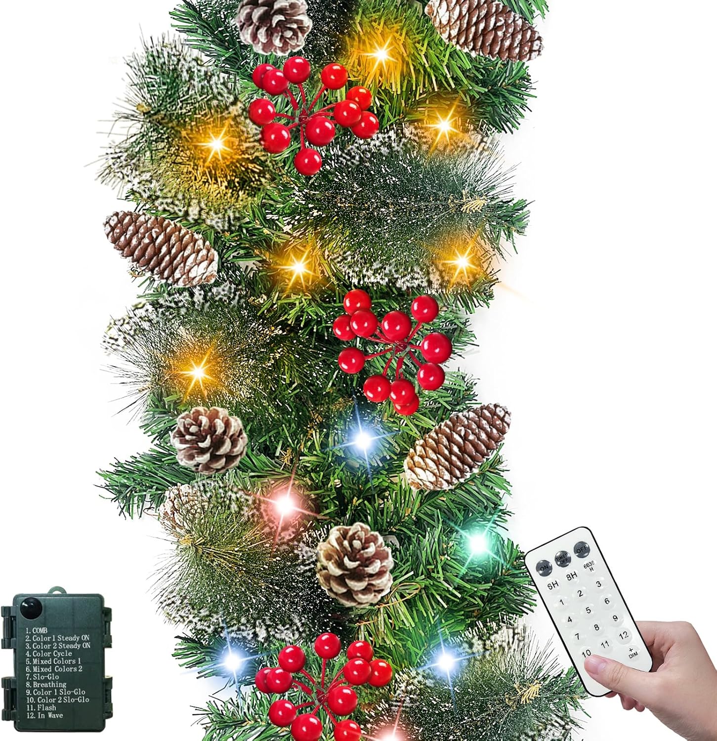 Wreaths, Garlands & Swags - [ Dual Color Switch & Timer & 12 Modes ] 9Ft 80 LED Prelit Christmas Garland Decorations Warm White & Colorful Change Lights Remote Control 198 Red Berry Thick 300 Snowy Tips 18 Pinecone Xmas Decor