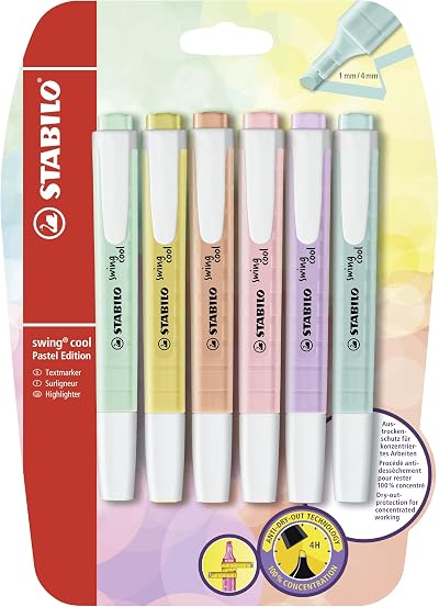STABILO Swing Cool Pastel Highlighters Pack of 6 Assorted Colors