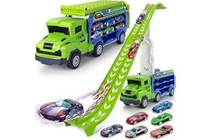 BainGesk Truck Toys Car for 3, 4, 5, 6 Years Old Boys, Carrier Race Truck Toys, Foldable 2 Layer Transport Car Toys with 27 in Race Track and 6 Metal Cars, Birthday Gifts for Toddler Boys Girls