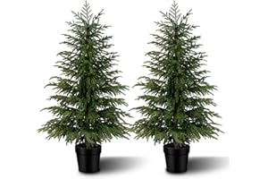 VITALISMO 4FT Artificial Norfolk Pine Trees 2-Pack, Real Touch Faux Cedar Topiary Set in Black Pots, Indoor Outdoor Fake Evergreen Plants for Porch, Entryway, Living Room Decor