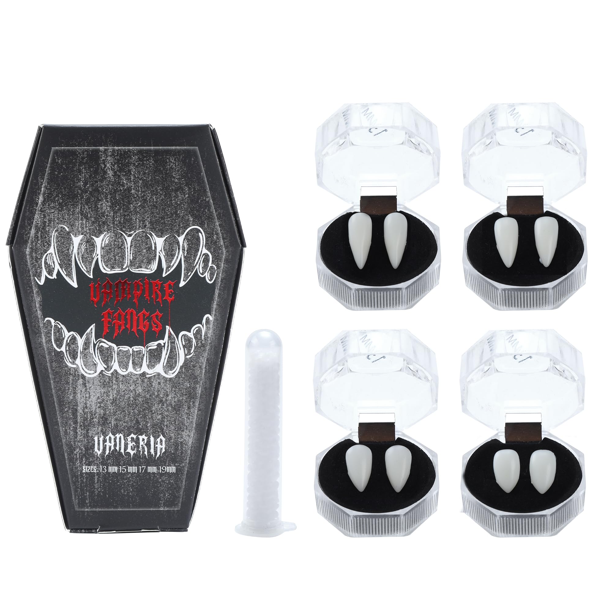 VANERIA 4 Pairs Vampire Fangs,4 Size Fangs for Cosplay Halloween, More Lifelike Vampire Fangs, Easy to Use & Easy to Remove, for Halloween Cosplay, Parties, Horror-themed Gatheri (New 2.0)