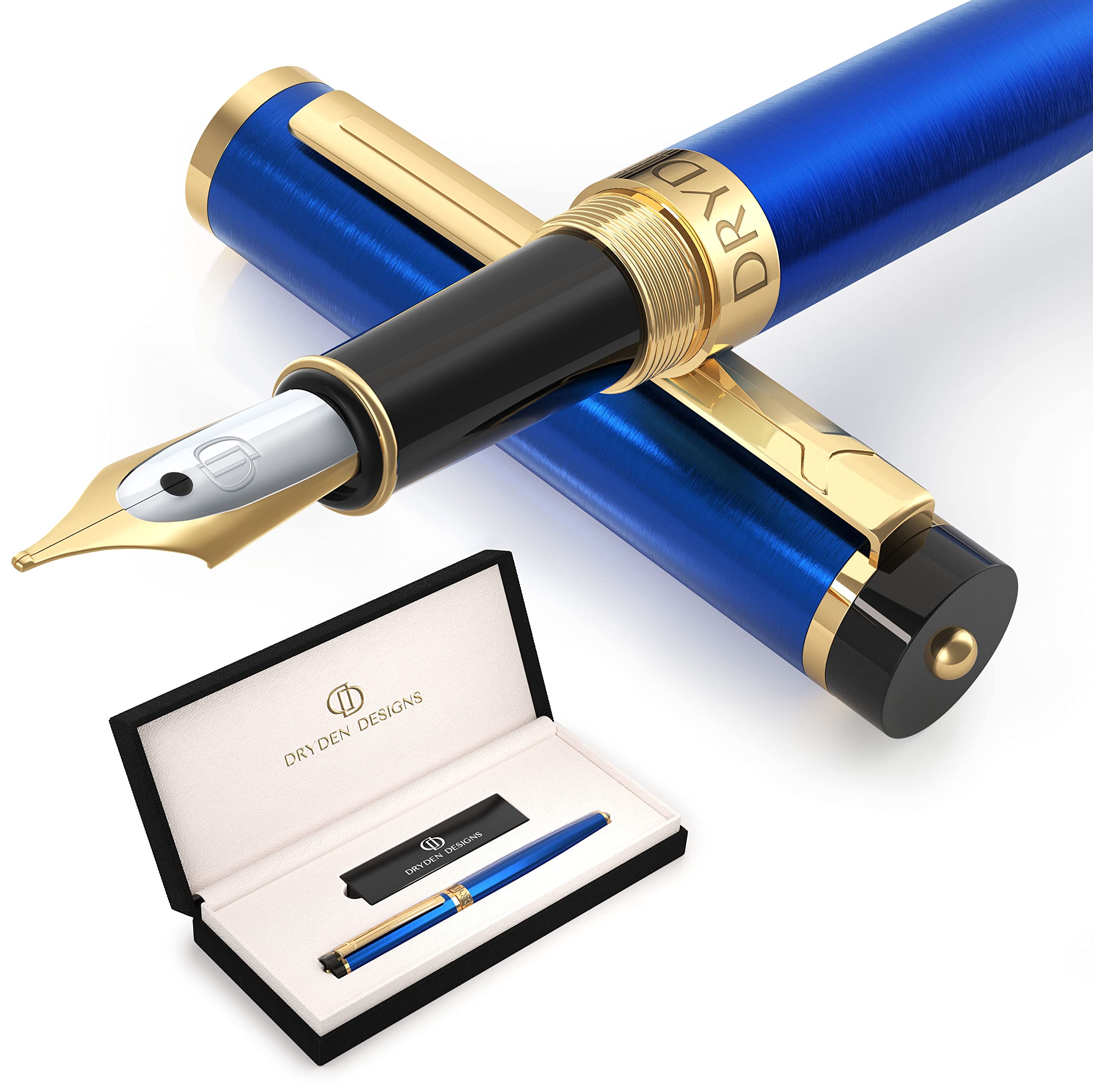 Dryden Designs Fountain Pen - Medium Nib Premium Box | 6 Ink Cartridges Included | Mysterious Blue
