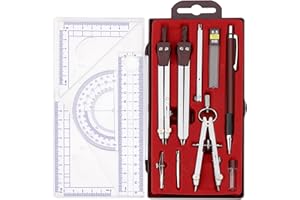 YSGLORY Compass Geometry Tool, 13PCS Compass and Protractors Set Math Geometry Drawing Tool Precision Set Graphic Compasses Triangle Rulers Pencils Protractor with Storage Case (Brown)