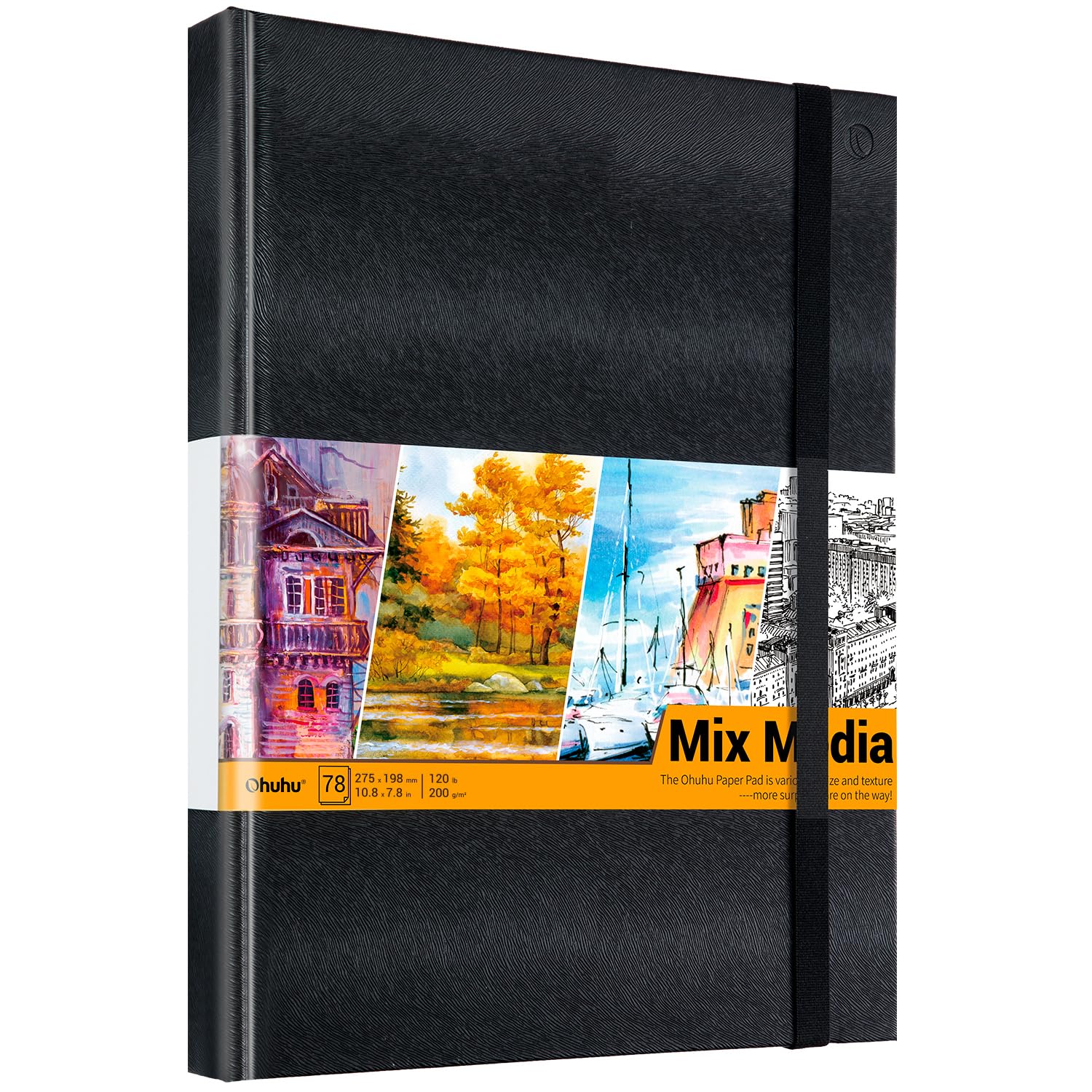 Ohuhu Mixed Media Sketchbook PU Hardcover, 78 sheets/156 Pages - 200gsm Heavyweight Paper (10.8"x7.8") Sketch Pad Durable Acid Free for Pencils Charcoal Marker Pastel Acrylic Watercolour