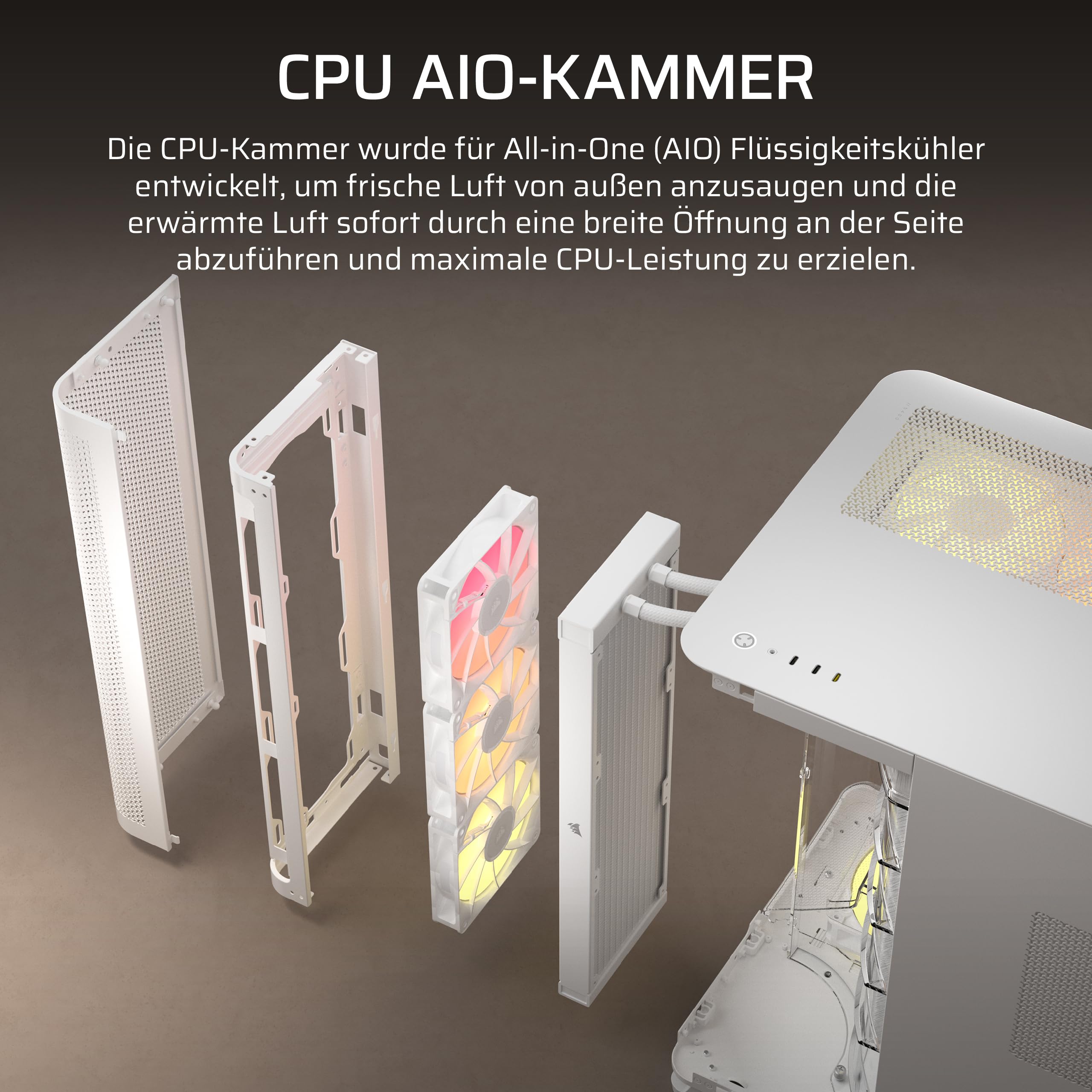 CORSAIR AIR 5400 RS-R ARGB Dreifach-Kammer-Mid-Tower PC-Gehäuse – 3X Vorinstallierte Reverse-Rotor RS120-R ARGB-Lüfter, Luftkanäle für Starke Kühlung, Reverse Motherboard-Unterstützung – Weiß 5