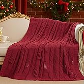 Amélie Home Chunky Knit Throw Blanket, Reversible Soft Chenille Breathable Cable Knitted Blanket for Couch and Sofa, Farmhouse Decorative Throw for Chair, 50"x60", Christmas Red