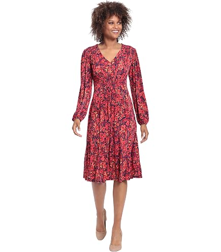 London Times Women's Dresses Statement Print Belted Long Sleeve Jersey Dress Black/Red at Amazon Women's Clothing store