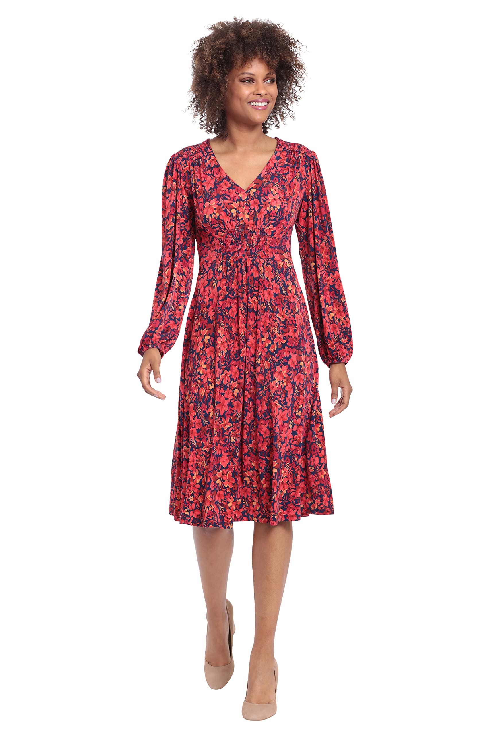 London Times Women's Smocked Empire Waist Fit and