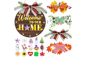 Dendrim Interchangeable Welcome Sign for Front Door with 4 Seasonal Wreaths and 15 Icons, Rustic Round Wood Wreaths Wall Hanging Decoration for Spring Summer Fall Winter
