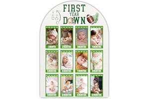 UIBOVA Football My First Year Photo Board, First Year Down Baby Milestone Signs for Boys Girls Nursery Decor, 12 Month Wooden Picture Board for 2x3 Photos, Best Babies Keepsake Gifts-A11