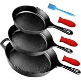 Suteck Cast Iron Skillets 3-Piece Set, 6", 8" &amp; 10" Pre-Seasoned Pan Set | Cast Iron with 3 Heat-Resistant Silicone Handle Holders, Indoor &amp; Outdoor Use, Oven Grill Stovetop Induction Safe Cookware
