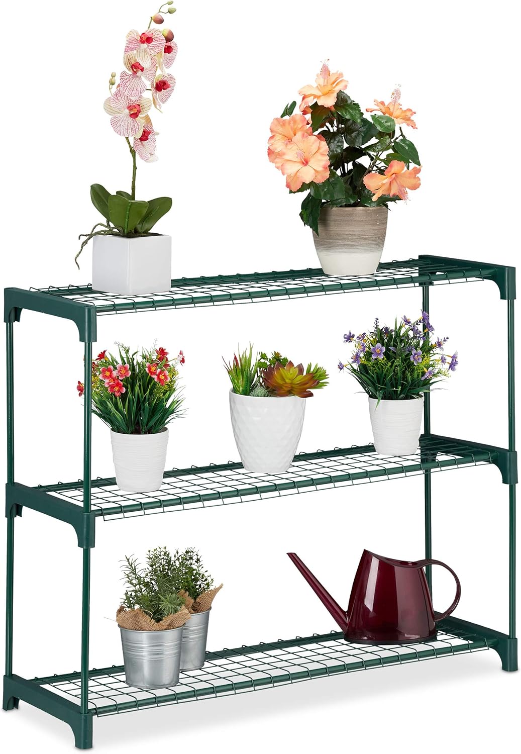 Relaxdays Plant Stand, 3 Tiers, Storage for Flower Pots Indoor, Iron & Plastic, H x W x D 74.5 x 91 x 28.5, Green, Steel