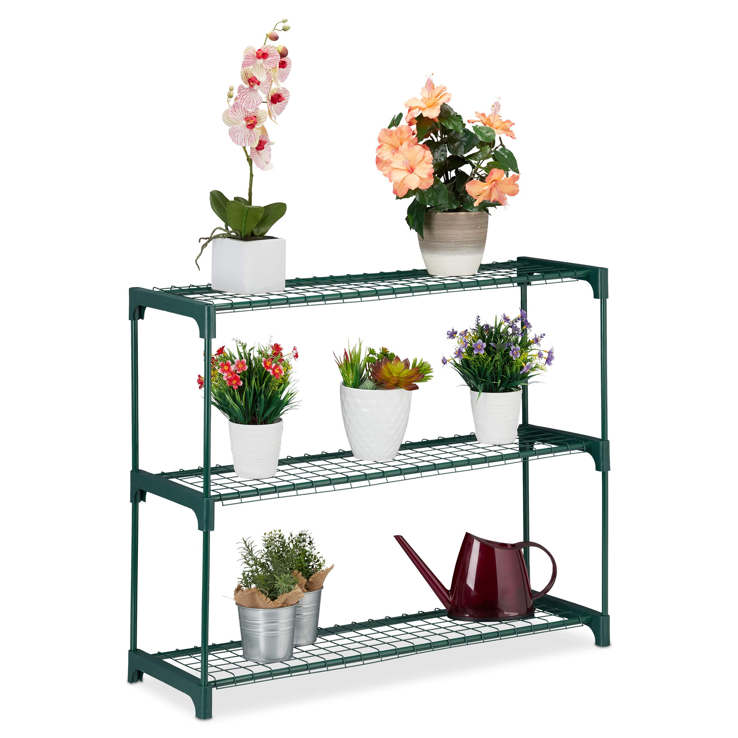 Relaxdays Plant Stand, 3 Tiers, Storage for Flower Pots, Indoor, Iron & Plastic, H x W x D 74.5 x 91 x 28.5, Green, Steel, 74.5 x 91 x 28 cm