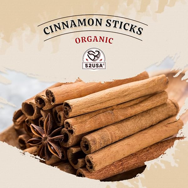 52USA ORGANIC CINNAMON STICKS, CINNAMON 8OZ (226G), CINNAMON STICKS WHOLE, 100% RAW, USDA & KOSHER CERTIFIED, GLUTEN FREE, NON-GMO, PURE & FRESH CINNAMON, PERFECT FOR BAKING, COOKING & BEVERAGES