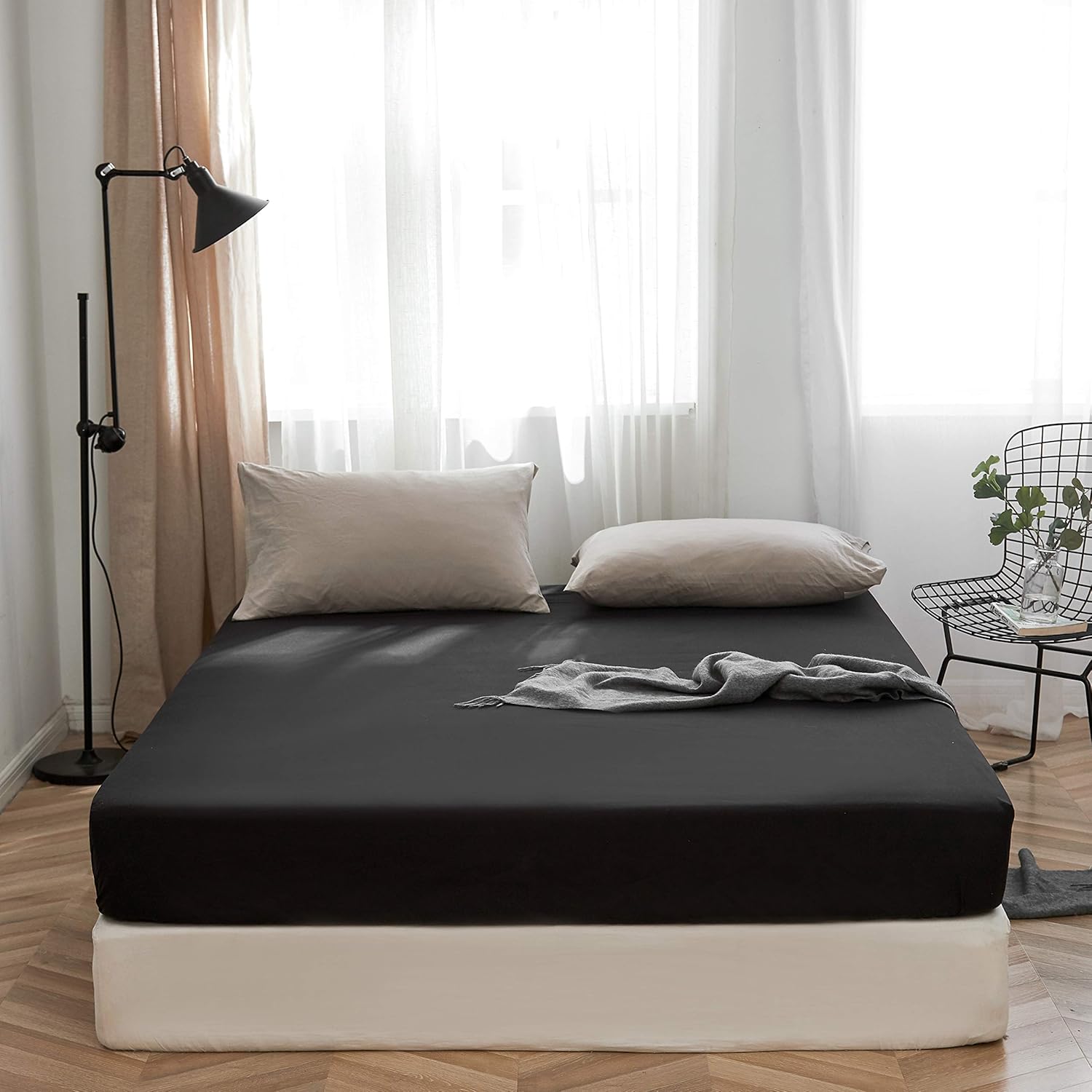 LS Fitted Bottom Sheet Only Premium Brushed Microfiber Ultra-Soft Fade Resistant Deep Pocket Queen Black: Home & Kitchen