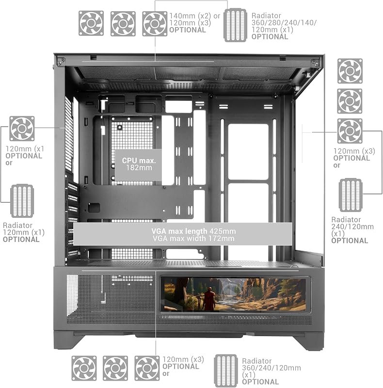 MC-LCDX, Caja Gaming ATX, Pantalla IPS 9.16" Integrada y Conexión HDMI, Cristal Templado Continuo, Panel Inferior Full Mesh, Doble Cámara, Soporte Refrigeración Líquida hasta 360mm, Negro