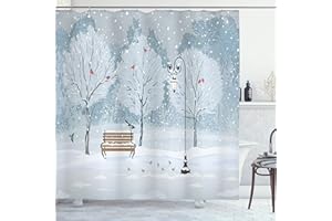 Ambesonne Christmas Shower Curtain, Snow Falling in The Park on a Cold Winter Day Birds Xmas Season Theme Picture, Cloth Fabric Bathroom Decor Set with Hooks, 69" W x 70" L, Blue and White