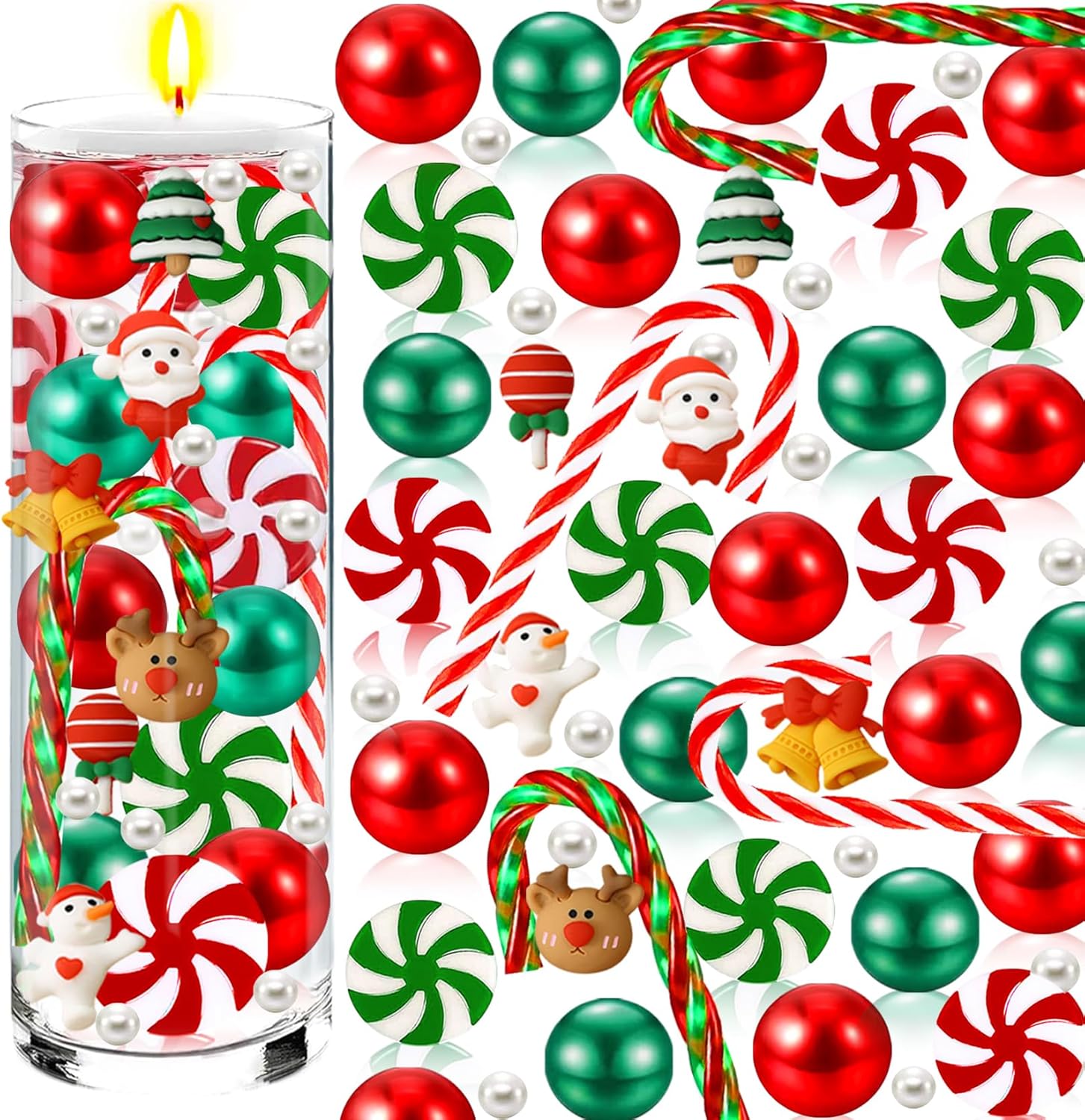Vase Fillers - 8071Pcs Christmas Vase Filler Water Gel Beads for Vases Decor, Acrylic Green Red Candy Canes Centerpiece Table Decorations, Xmas Floating Pearls Candles for Centerpieces New Year Home Party (A)