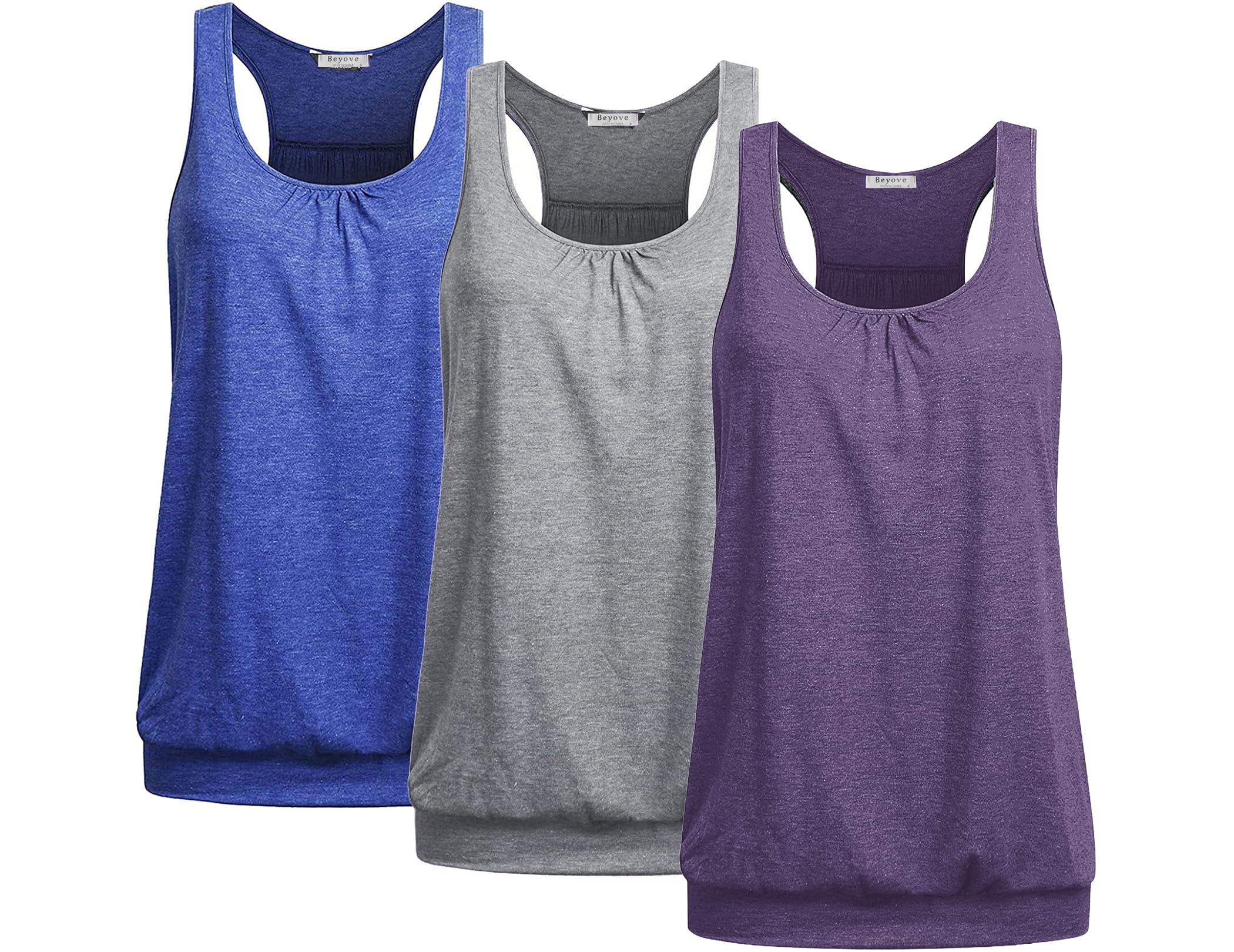 Beyove Women's 3 Pack Breathable Workout Tops Banded Bottom Stay in Place Yoga Tank Tops Tummy Hiding, Blue+Dark Purple+Light Grey Image