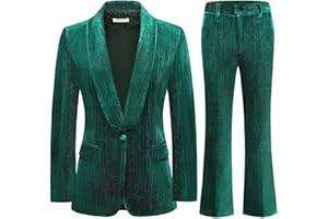 Lamgool Women Pantsuit Dressy Silver Thread Velvet 2 Piece Suit Set Blazer and Flared Pants
