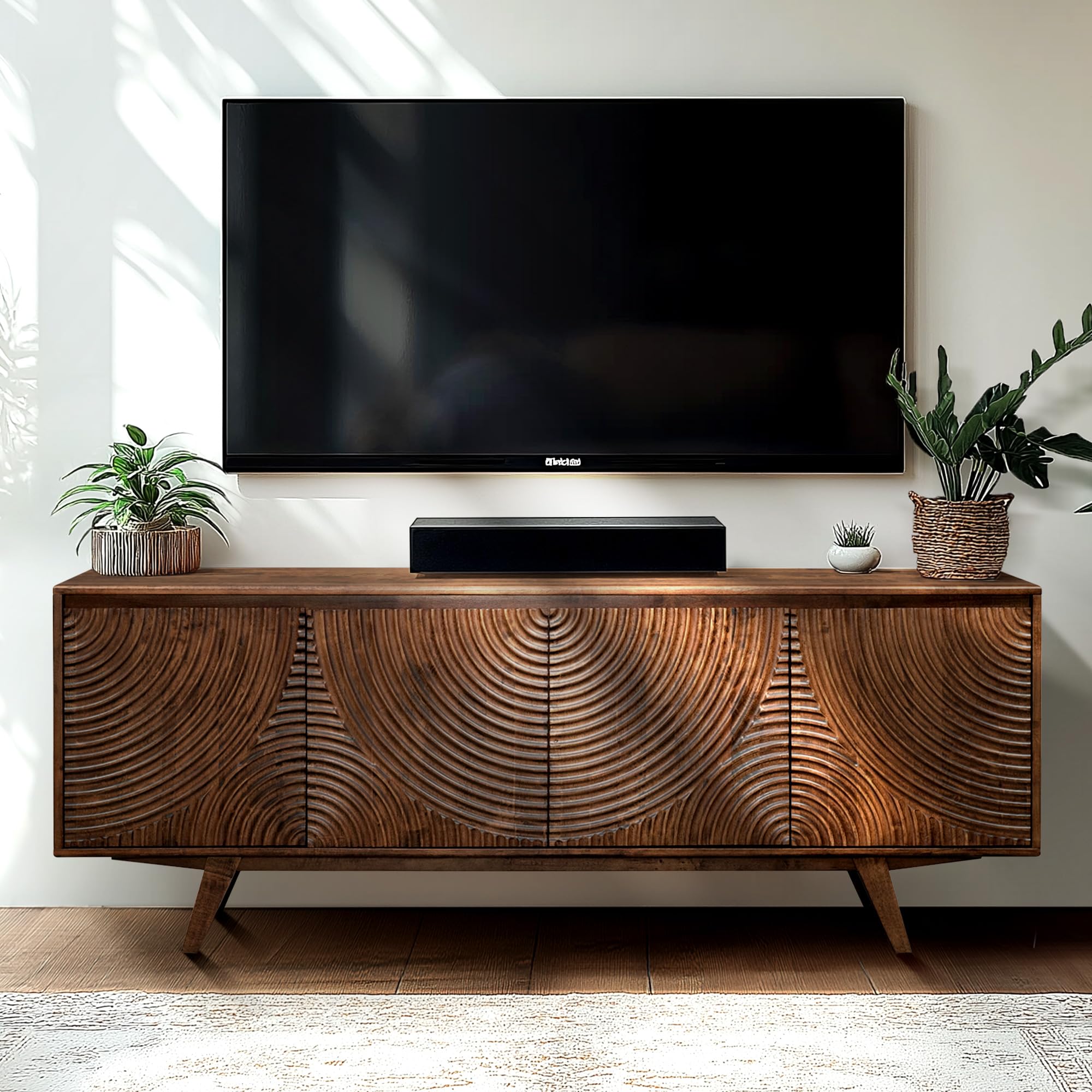 Photo 1 of **HAS SMALL CHIP ON FRONT SIDE/CRACK IN BACK-SEE PICS**Acacia Harmony TV Stand for TVs up to 75+ Inch Entertainment Center with Storage Shelves and Cable Management, Modern Farmhouse TV Media Console Table Wood TV Stands for Living Room Bedroom, Walnut
