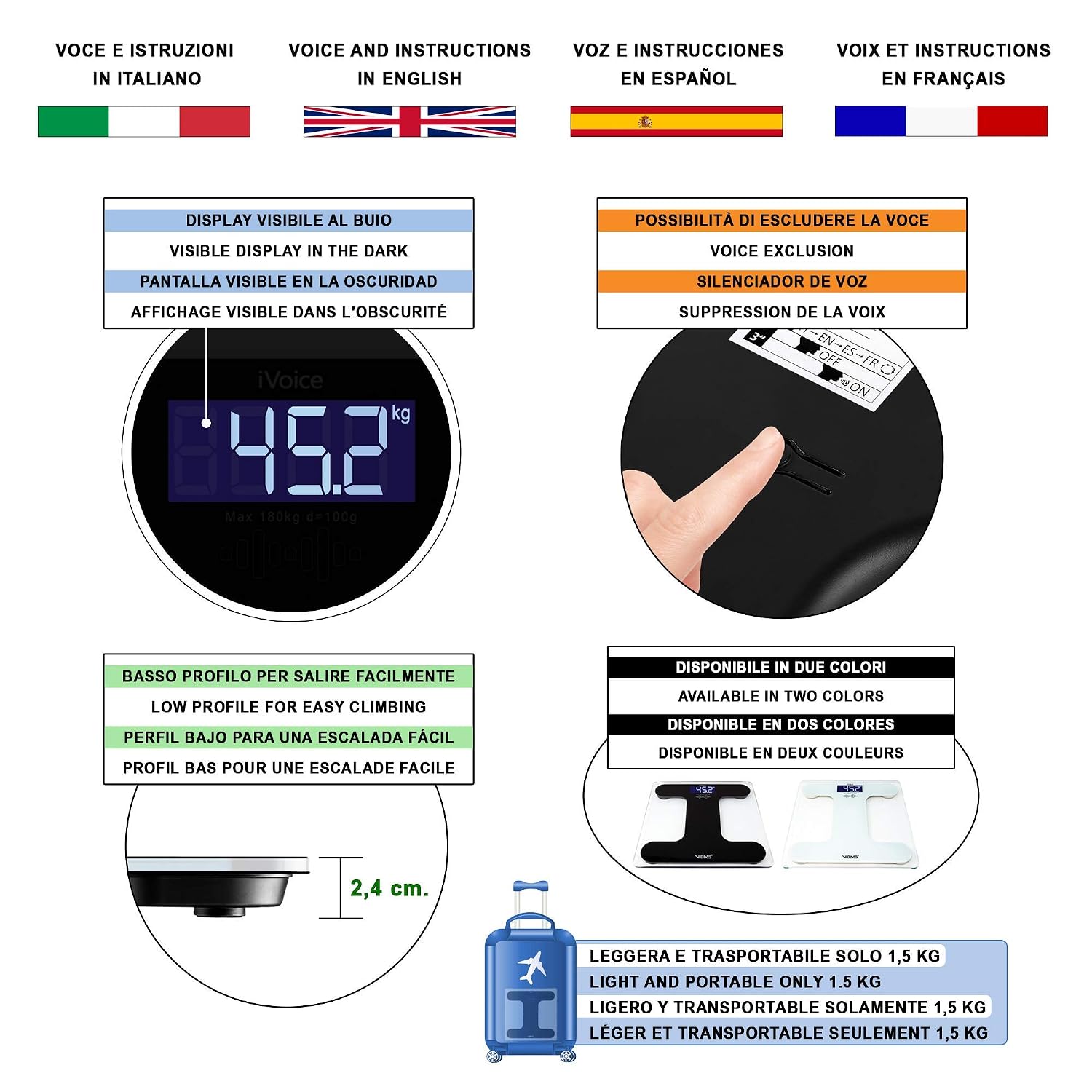 Talking Scale in English and Multilanguage VIBAS iVoice, Batteries Included, Clear Voice, Capacity 180 kg, Auto Power Off, 6mm Tempered Glass, 2 year warranty. (Black) - Image 4