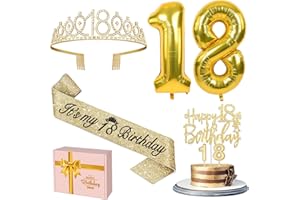YEOHJOY 18th Birthday Decorations for Girls Gold with 18th Birthday Tiara and Sash, Cake Topper andCandles, Number Balloons, 18 Year Old Gifts for Girls