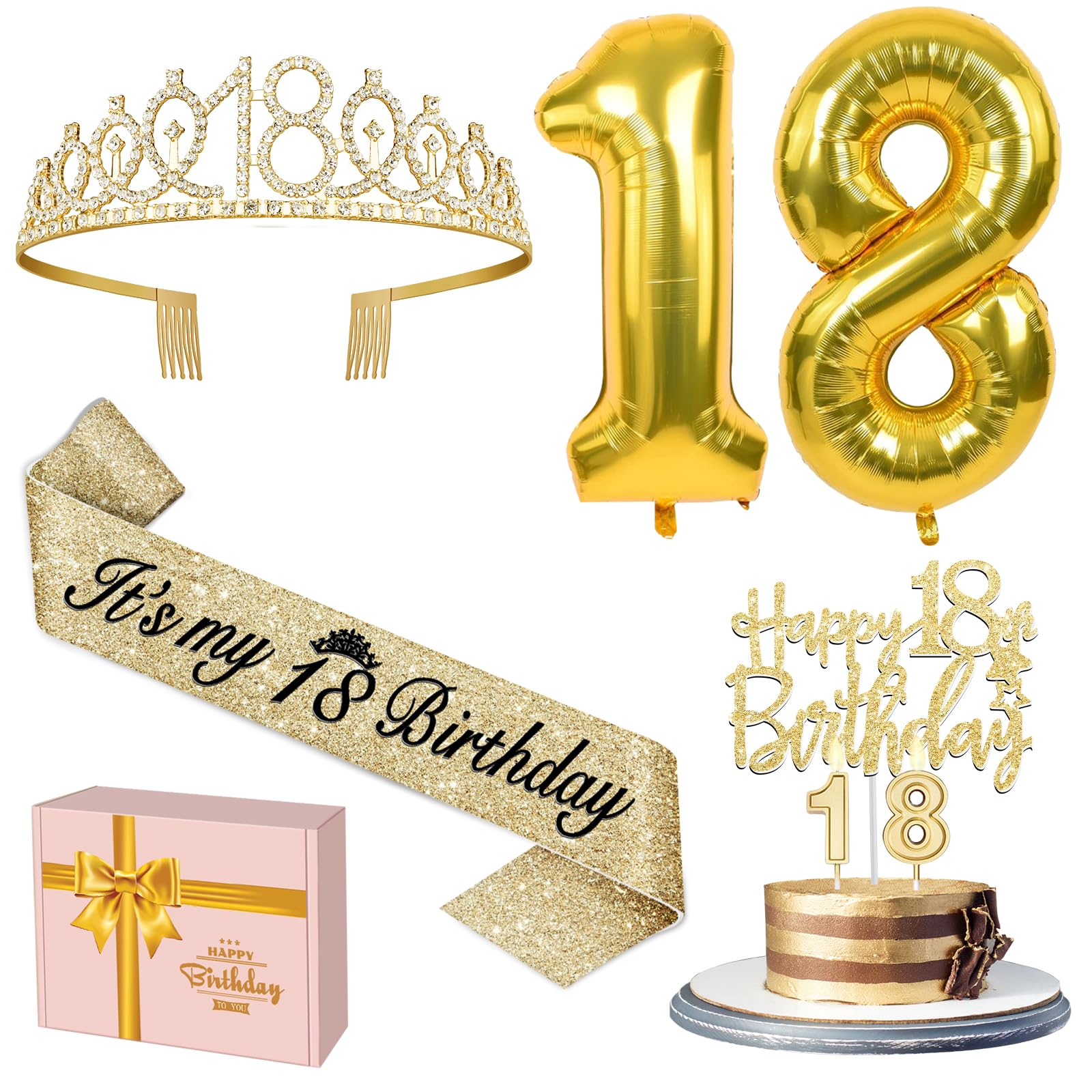 Photo 1 of 18th Birthday Decorations for Girls Gold with 18th Birthday Tiara and Sash, Cake Topper andCandles, Number Balloons, 18 Year Old Gifts for Girls