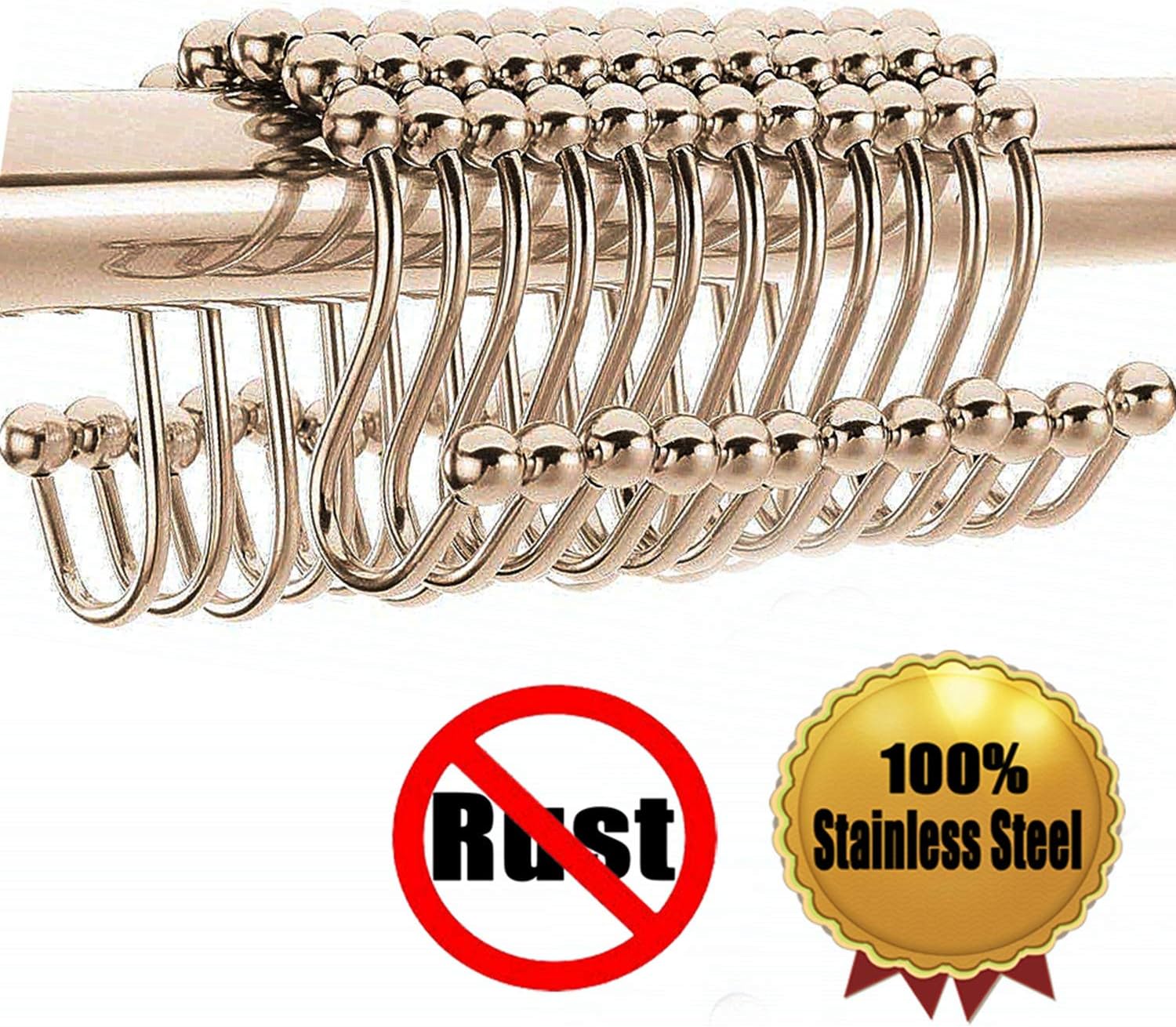 Brushed Nickel Shower Curtain Rings Hooks Rustproof Double Glide Roller Stainless Steel Heavy Duty Shower Curtain Rings Hooks 12 Count