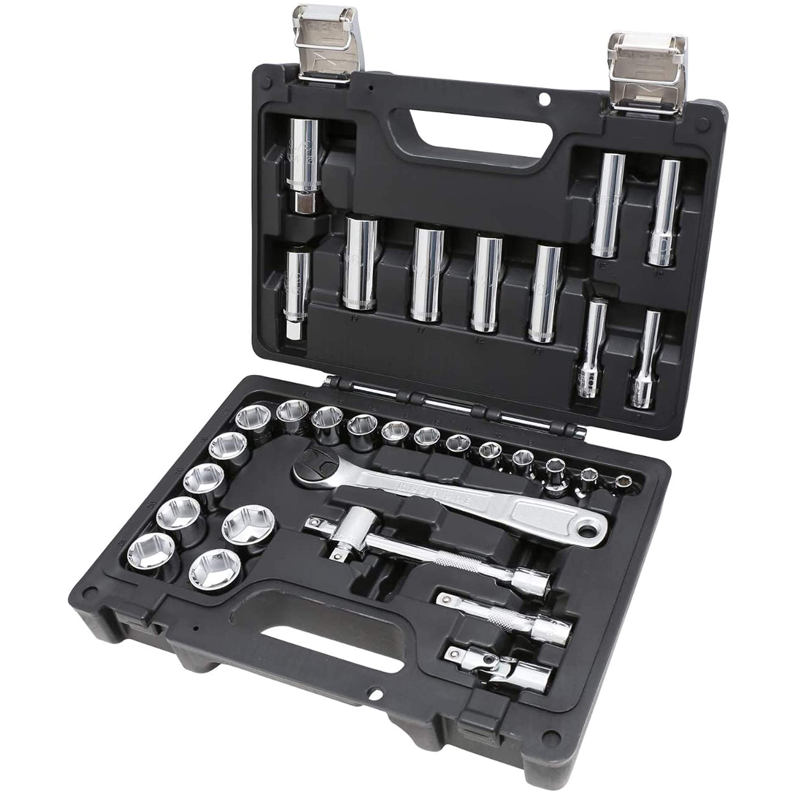 Beta BE 913E/C33 Socket Wrench Cassette Workshop Accessories (33-Piece Socket Set in Robust Plastic Box, Practical Workshop Accessories), Silver/Black
