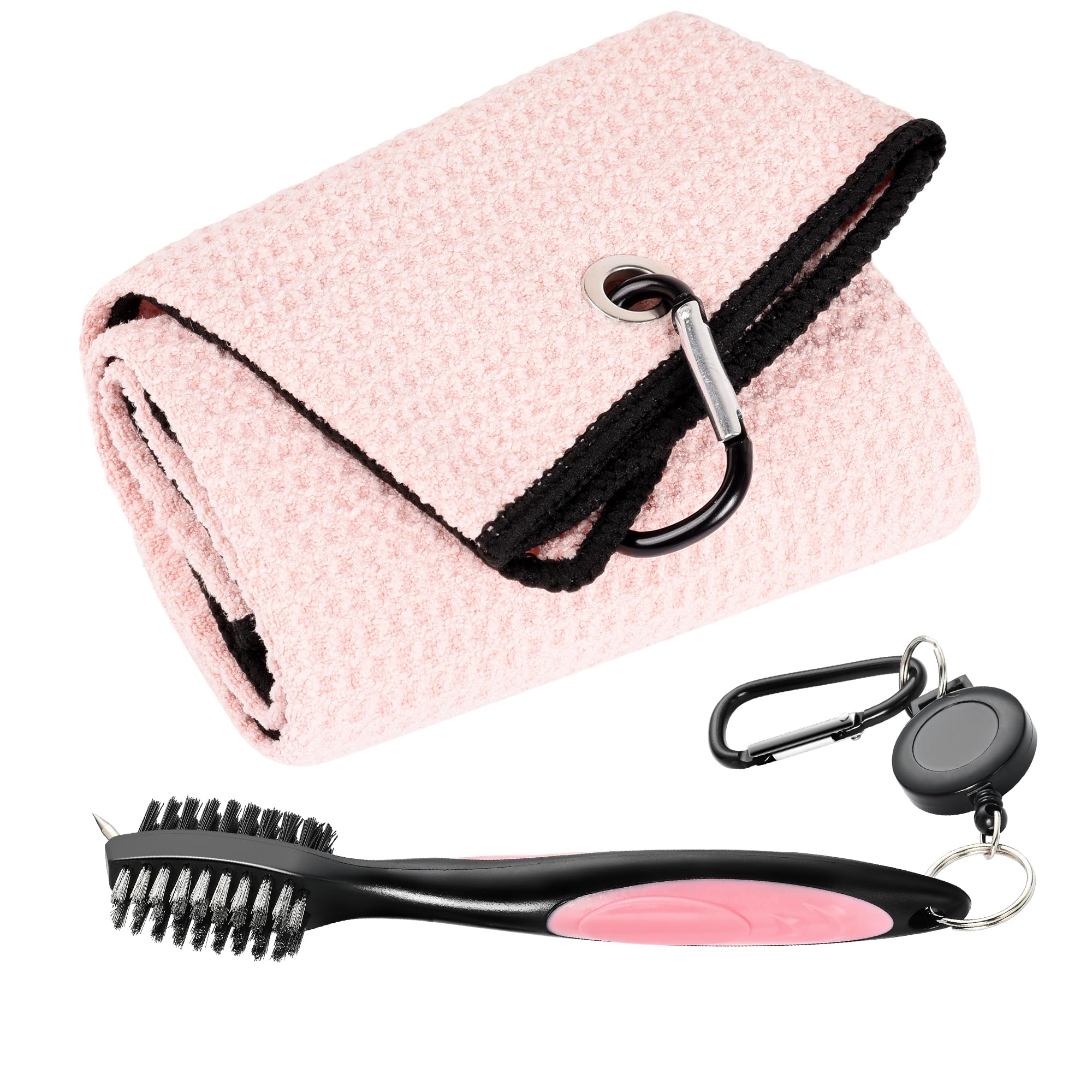 Mile High Life Microfiber Waffle Pattern Tri-fold Golf Towel | Brush Tool Kit with Club Groove Cleaner, Retractable Extension Cord and Clip (Pink Towel+Pink Brush)