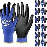 OKIAAS Work Gloves for Men，Ultra Thin and Lightweight Working Gloves with Grip, 12 Pairs Bulk Pack with Polyurethane Coating, for Light Duty Work (Blue, Small)