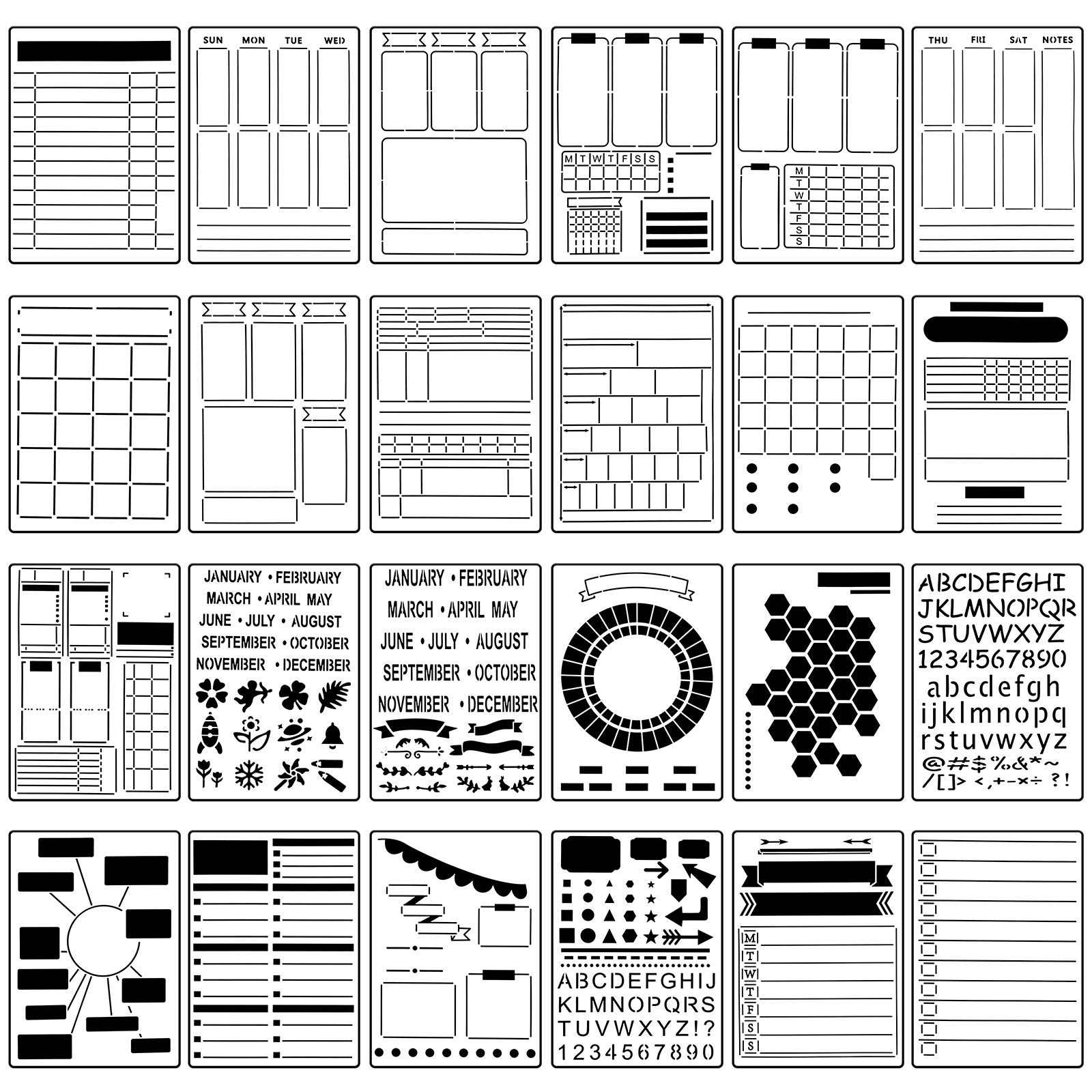 Photo 1 of 24 Pieces Journal Stencil Set Plastic Planner Bullet Journaling Stencils Ultimate Productivity DIY Templates to Create Calendars Schedule for A5 Journal Scrapbooking Notebook(Classic Style)