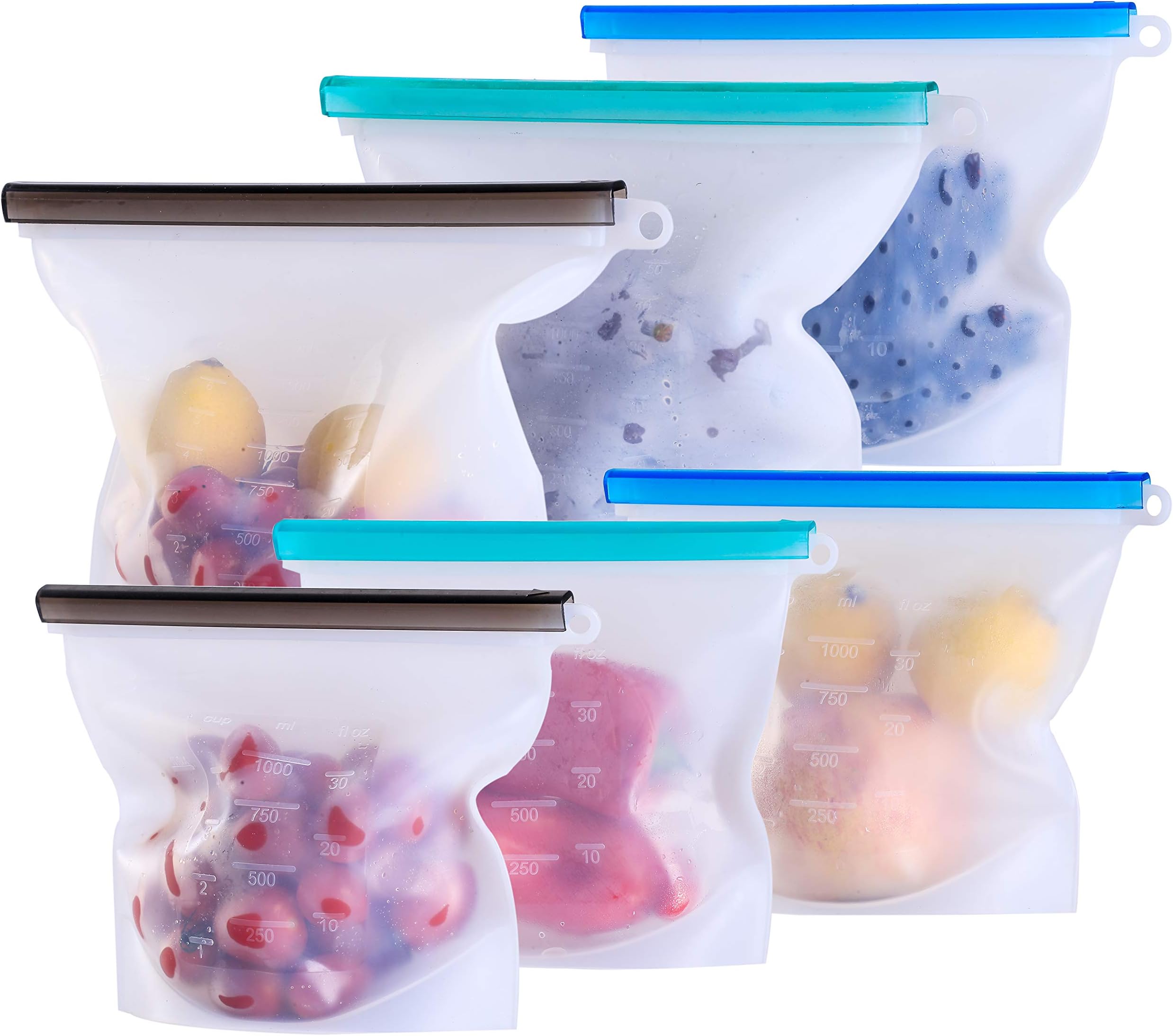Reusable Silicone Food Storage Bags (set of 6) FDA Airtight Seal Food Preservation Bag,Leakproof Food Ziplock Containers,Sandwich Gallon Bag for Lunch,Vegetable,Fruit,Snack（3xLarge, 3xMedium,BPA Free）