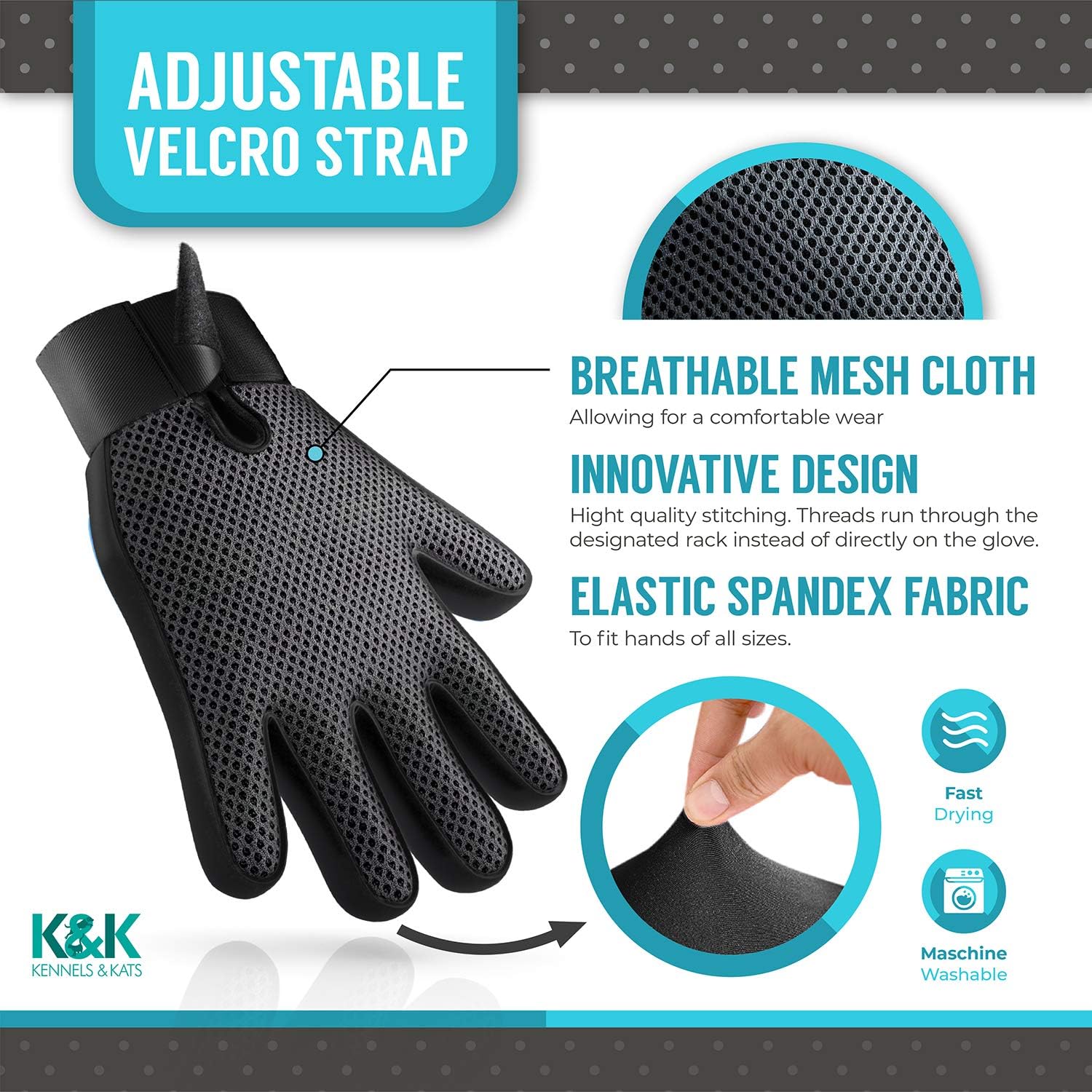 KENNELS & KATS New Version Pet Grooming Gloves, Premium Deshedding Glove for Easy, Mess-Free Grooming of Cats, Dogs, Rabbits and Horses with Long/Short/Curly Fur (Pair)