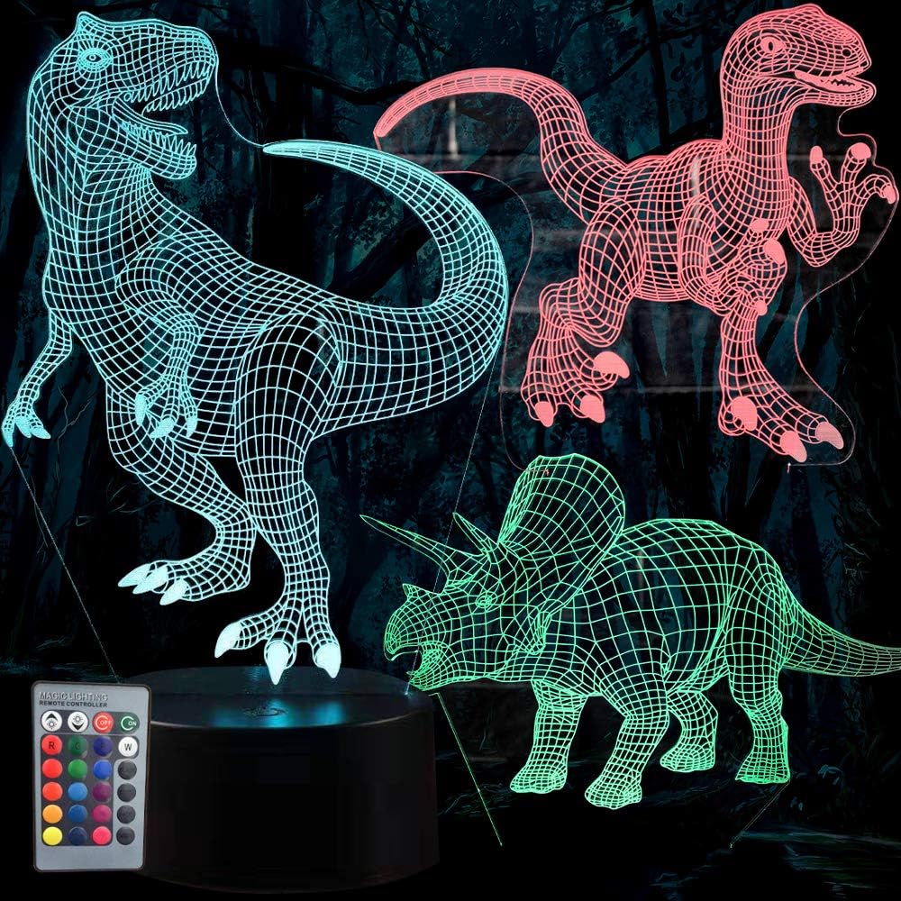 3D Illusion Night Light, 3 Pattern and 16 Color Change Decor Lamp - Perfect Gifts for Kids and Night Light Fans (Dinosaur Night Light)