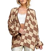 Saodimallsu Womens Checkered Oversized Cardigan Sweaters Color Block Chunky Open Front Lantern Sleeve Plaid Knit Coats