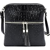 Ostrich Croc Tassel Zipper Pocket Crossbody Bag Animal Pattern Printed Shoulder Bag Womens Purse Satchel