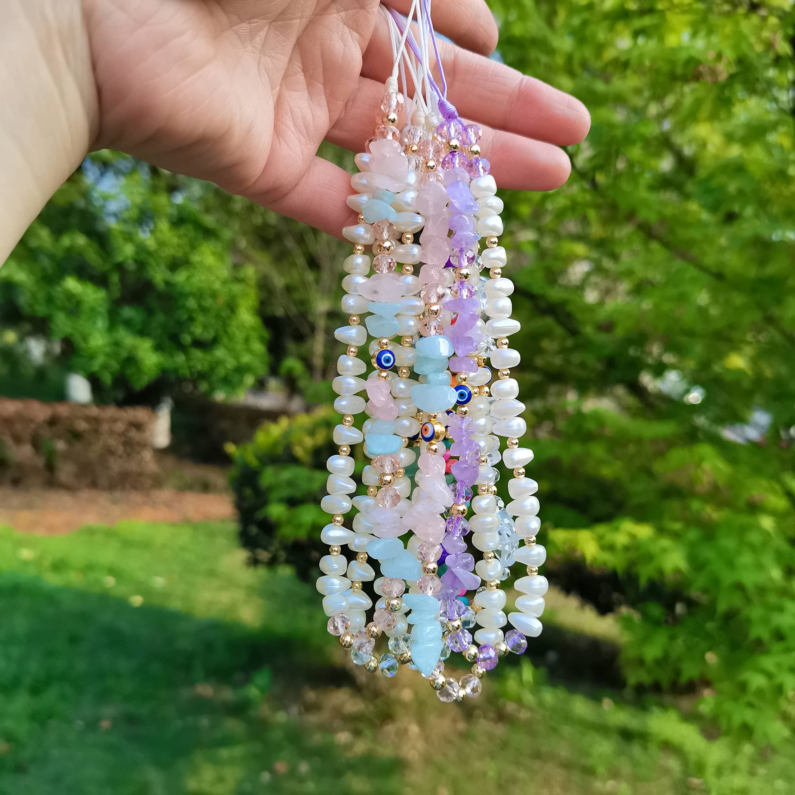 Healing Crystal Phone Charm, Amethyst Rose Quartz Aventurine Natural Stone Strap, Evil Eye Phone Keychain Chain Accessory