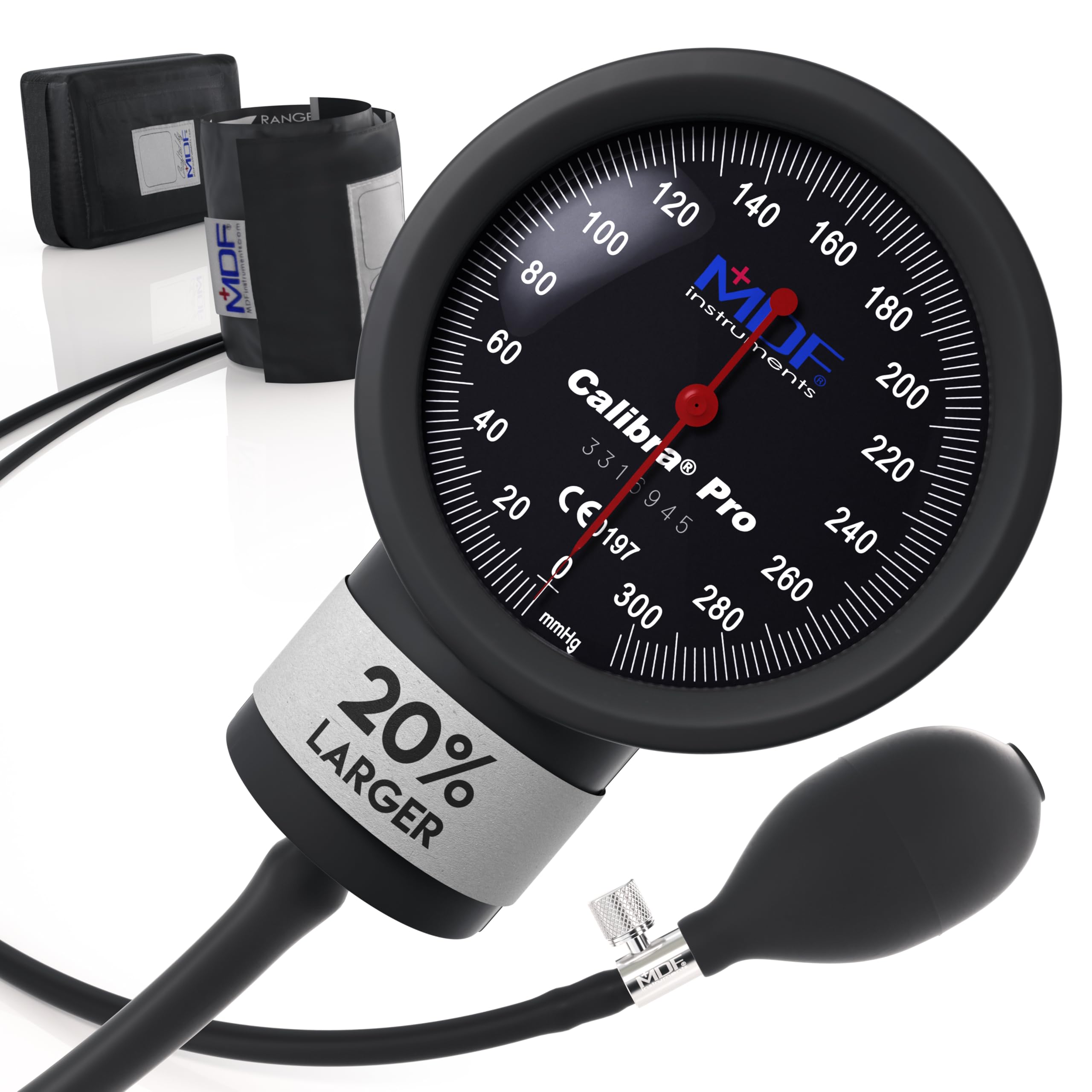 MDF Instruments, Extra Large Gauge Calibra Pro Aneroid Sphygmomanometer with Shock Guard & Adult Sized Cuff Included, Black Dial, Black Cuff, MDF808B11